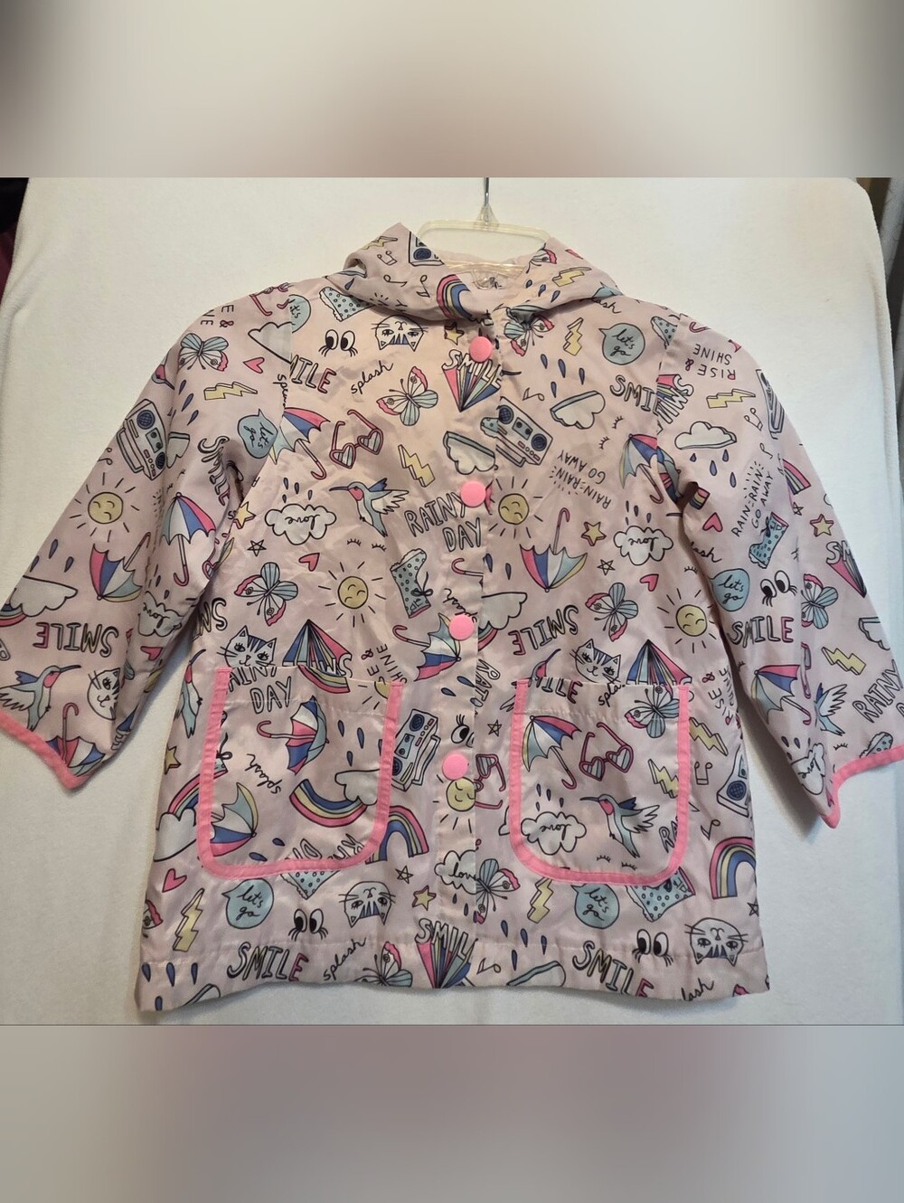 Carter's Girl's Light Pink Hooded Rain Jacket with Rainbows, Cats, Butterflies
